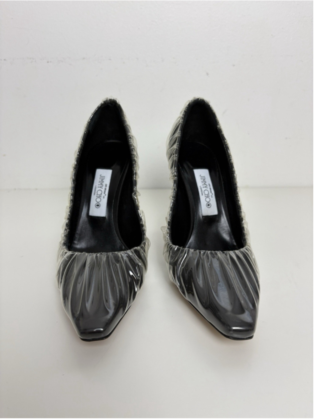 Jimmy Choo x Off-White Anne 100 Pumps Black PVC Ruched Pointed Toe Heel 38 NEW - Picture 8 of 14